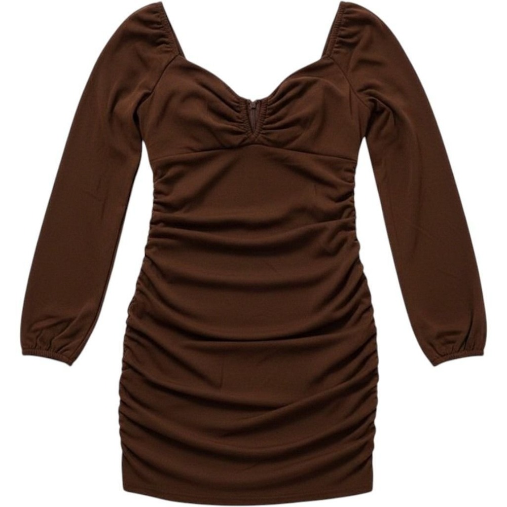 Guess Womens Brown Mesh Ruched Long Sleeve Bodycon Mini Dress XS